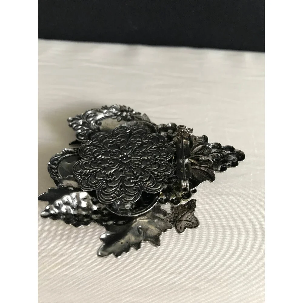 Vintage Silver tone 3D Rose Brooch Pendant